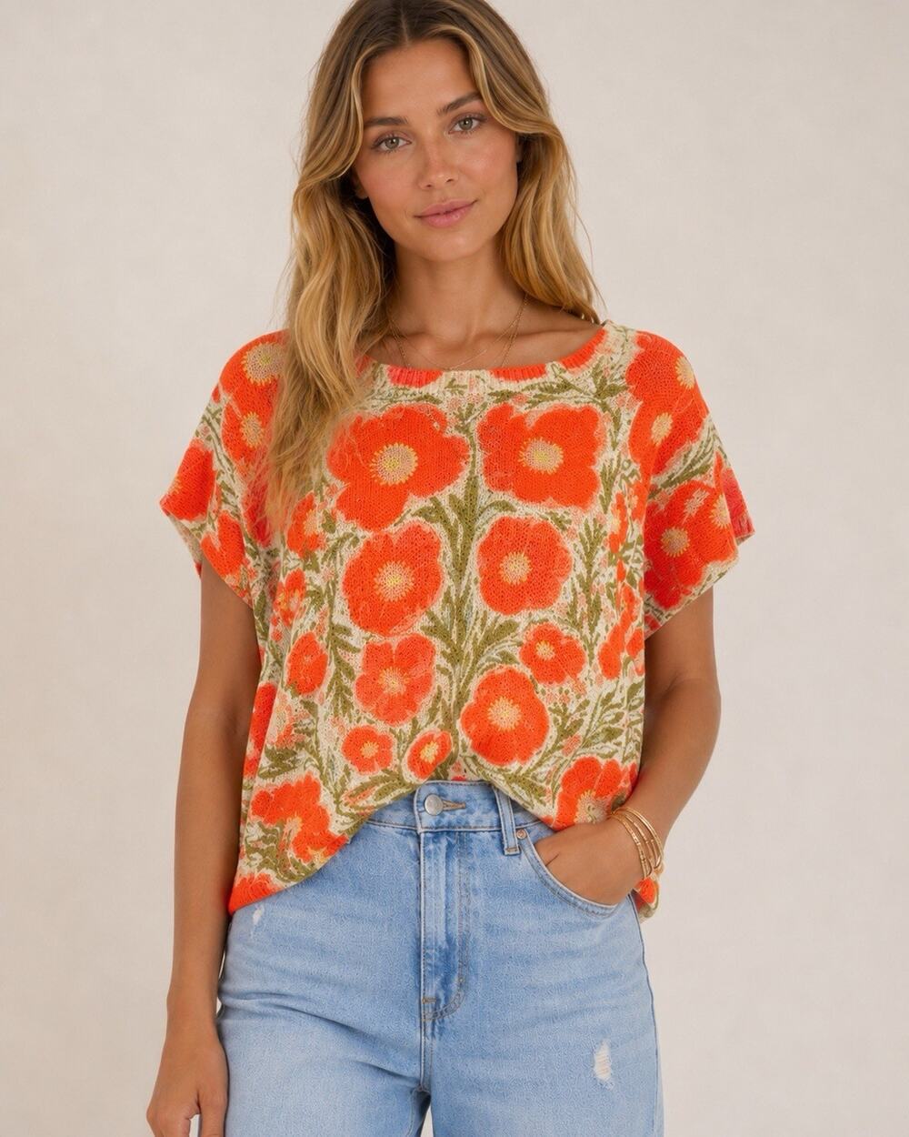 Women's NWT XL Boxy Orange Floral Knit Pullover Sweater Crew Neck Short Sleeve